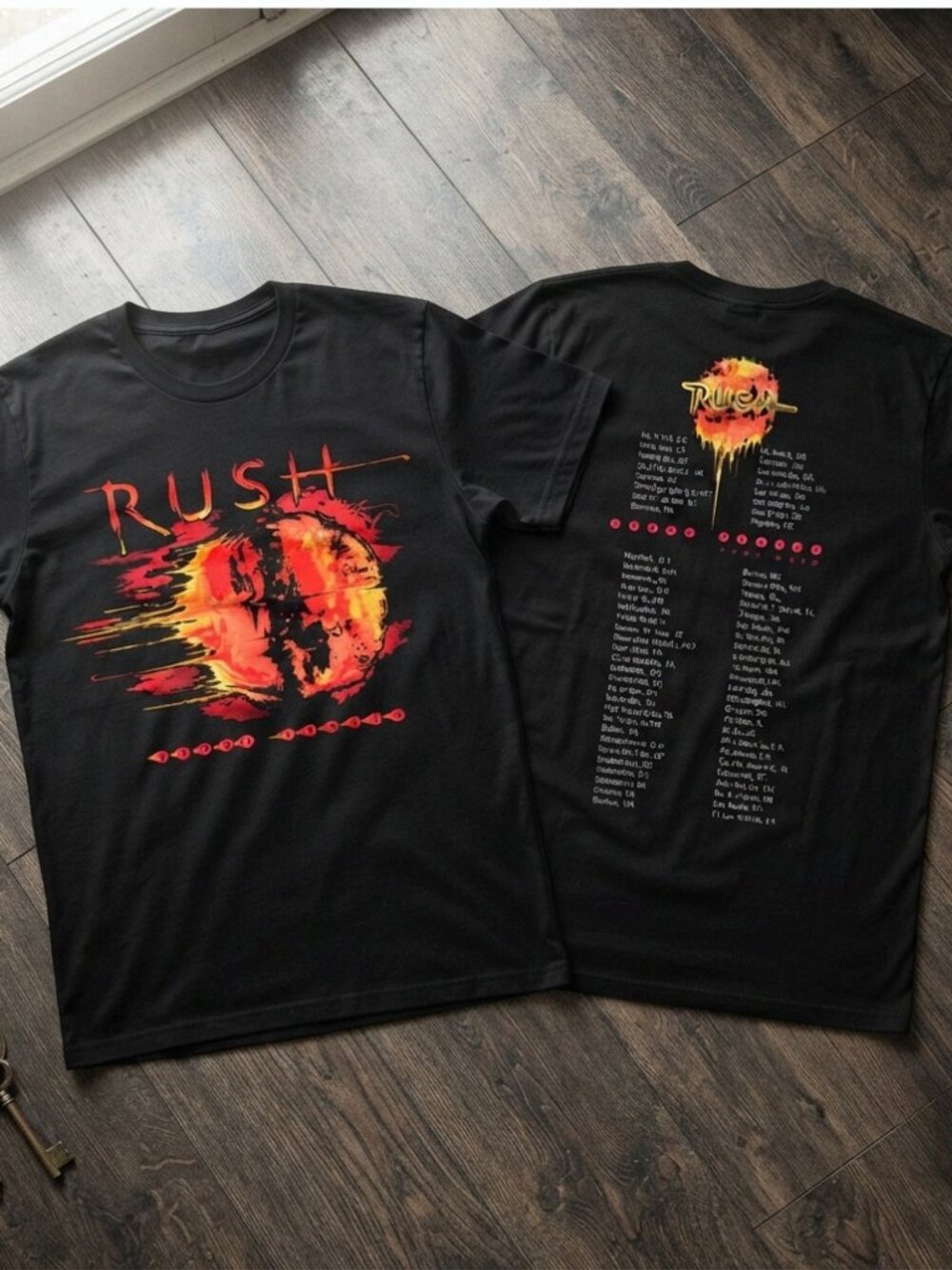 Rush Tour Graphic Black T-Shirt Fire Planet Design